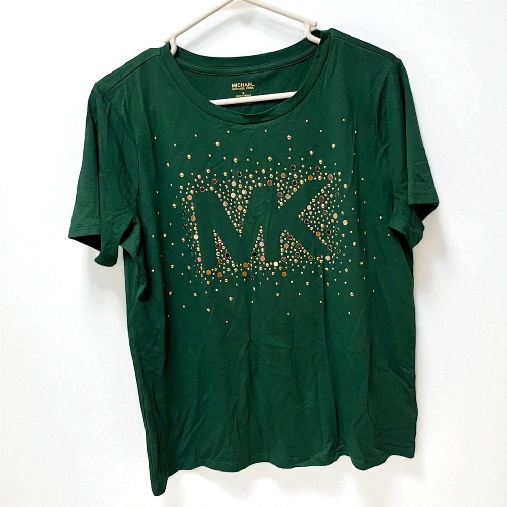 Michael Kors Women Medium Green T Shirt, Gold Rhinestones, Excellent Condition